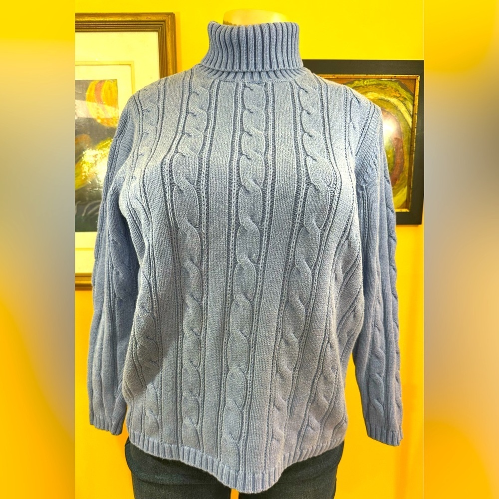Land’s End Women's Size S Blue Cable Knit Turtleneck Cotton Sweater
